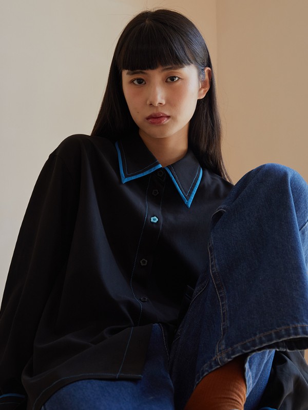 オモントエッグタルトホームレトロコントラストカラーテンセル長袖シャツレディース秋新デザインゆったりカジュアルシャツ