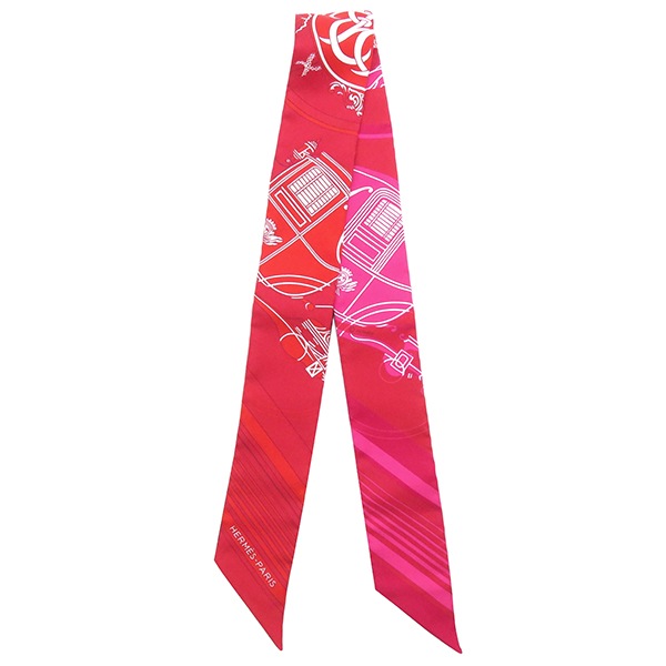 エルメス HERMES スカーフ ツイリー シルク フューシャ×ルージュ×ホワイト 【EX-LIBRIS/エクスリブリス】 【箱】【中古】