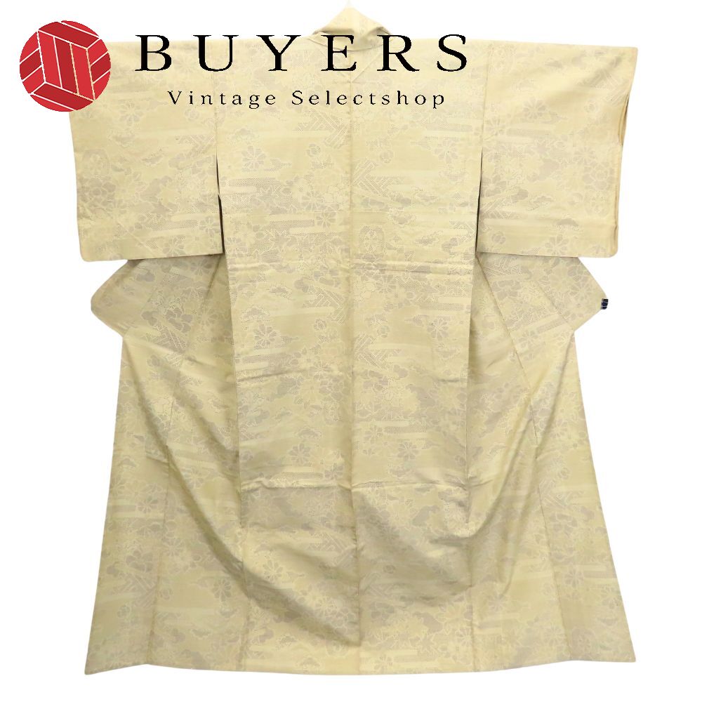 中古 紬 正絹 ベージュ ブラック 結城紬 単衣 おしゃれ 和装 呉服 和服 きもの レディース 女性