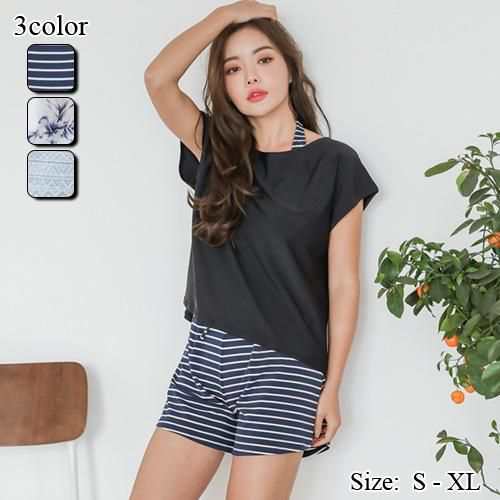 【グラシア】 水着 セット水着 レディース ビーチウェア スイムウェア 流行 海 プール シルエット ボディライン ホルターネック ゆったり Tシャツ タンキニ フレンチスリーブ ブラック×ボーダー