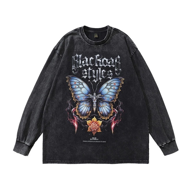 バタフライ高精細直接射出プリント ウォッシュ加工 ダメージ加工 長袖 Tシャツ メンズ アメカジ カジュアル トップス