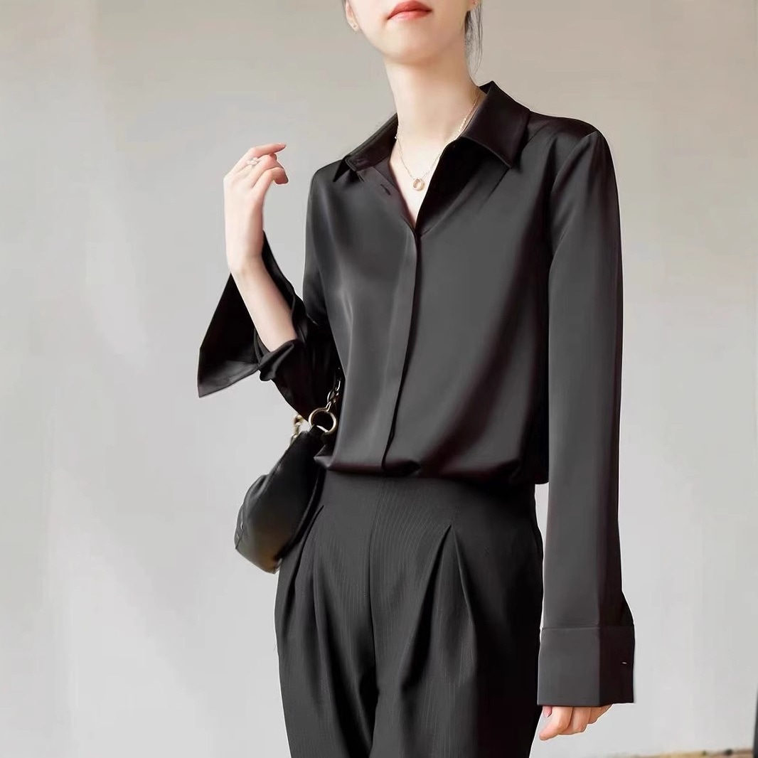 【1つ買うと10つ無料】女性向けの光ファッションのサテン白いシャツ長袖春と秋のスタイル多目的抗ウィンクル垂れ下がった通勤シャツ