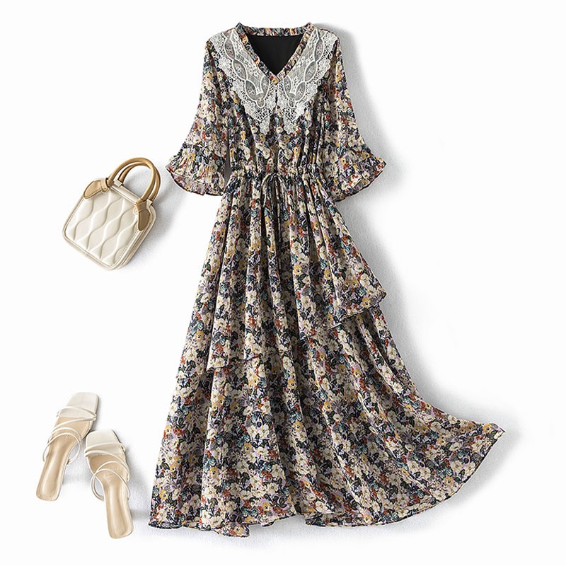 5l 6l 大きいサイズ ワンピース レディース 春 春夏 夏 ロングワンピース ロング丈 半袖 きれいめ ゆったり 体型カバー 通勤 オシャレ夏の雰囲気の大きいサイズの砕花ワンピース修身腰雪紡織スカ