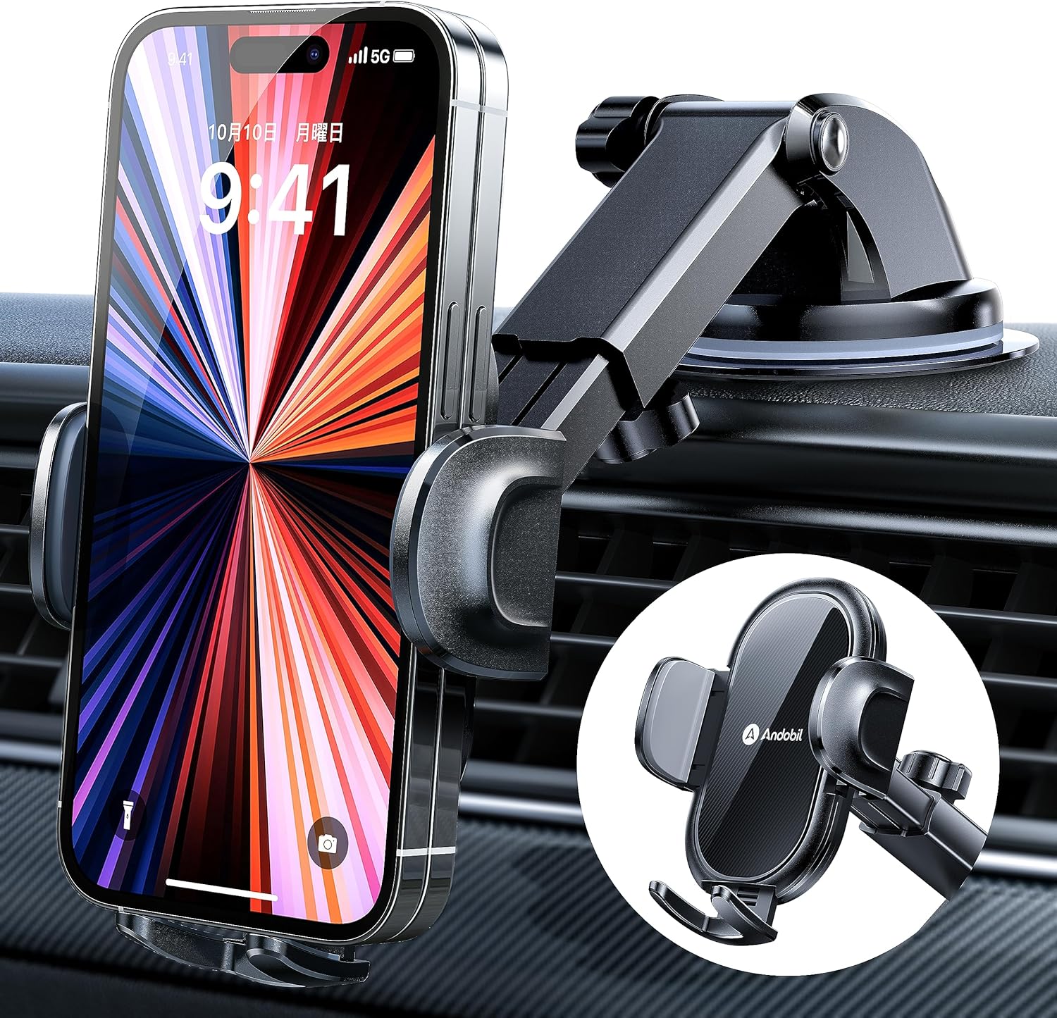 【2022年改良型】 Andobil スマホホルダー 車 スマホスタンド 車載ホルダー 2in1 ゲル吸盤＆送風口兼用 片手操作 すまほほるだー 車 携帯ホルダー 手帳型ケース対応 360度回転 伸