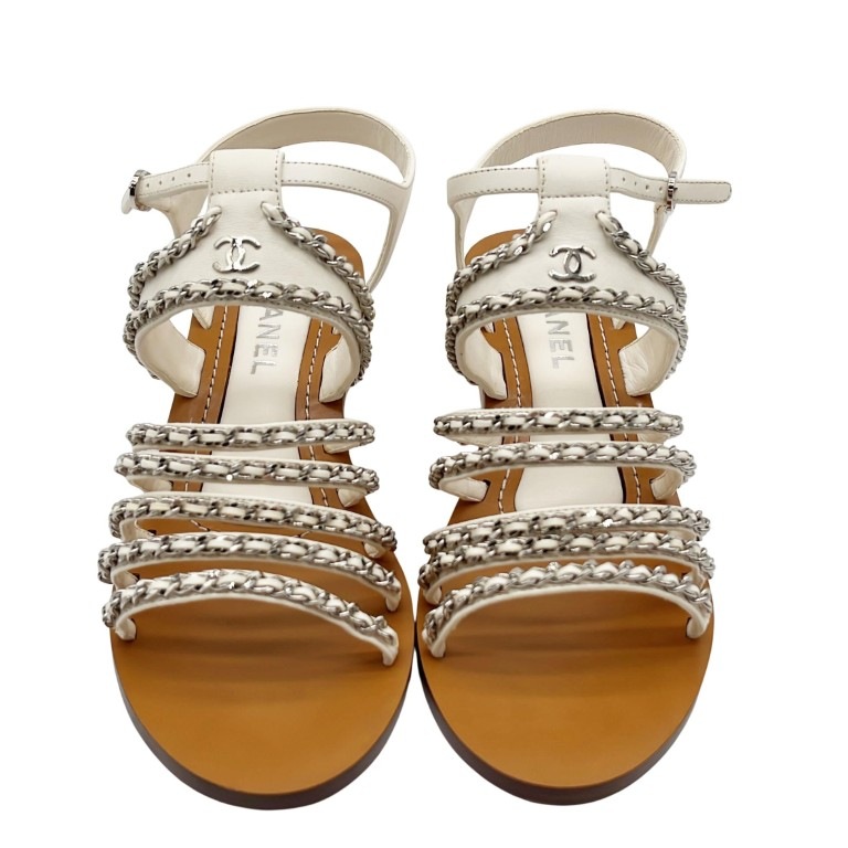 サンダル ココマーク レザー ウッド G35868 ストラップ チェーン シルバー金具 ホワイト スリッパ ブランド 高級 ルームシューズ クロッグサンダル サボサンダル【本物保証】