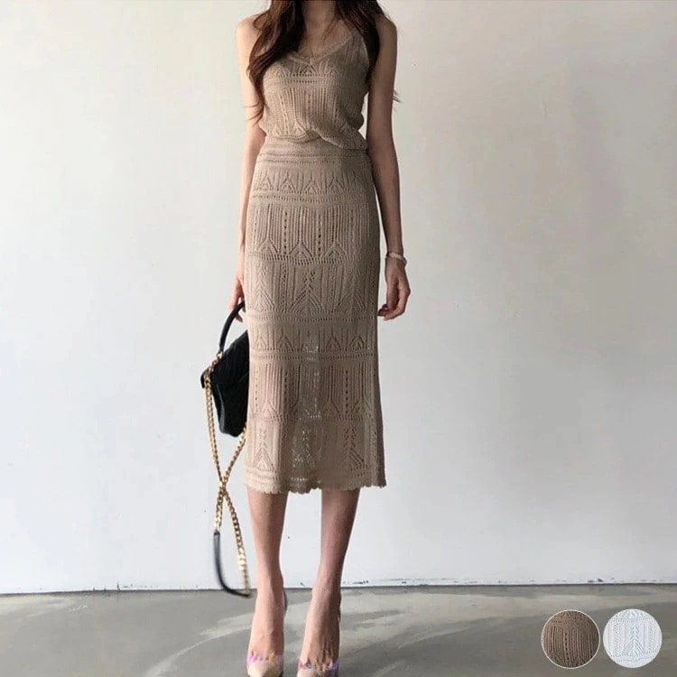 クロシェ レース セットアップ レディース スカート タイトスカート キャミソール ミモレ丈 シースルー シアーニット