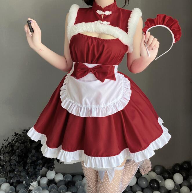 迅速な出荷 メイド服 サンタ コスチューム 中華風 クリスマス コスプレ 衣装 袖なし 膝丈 ショート丈 ワンピース ロリータ 可愛い メイドコス レディース 大人 チャイナカラー 胸に穴開け セクシ