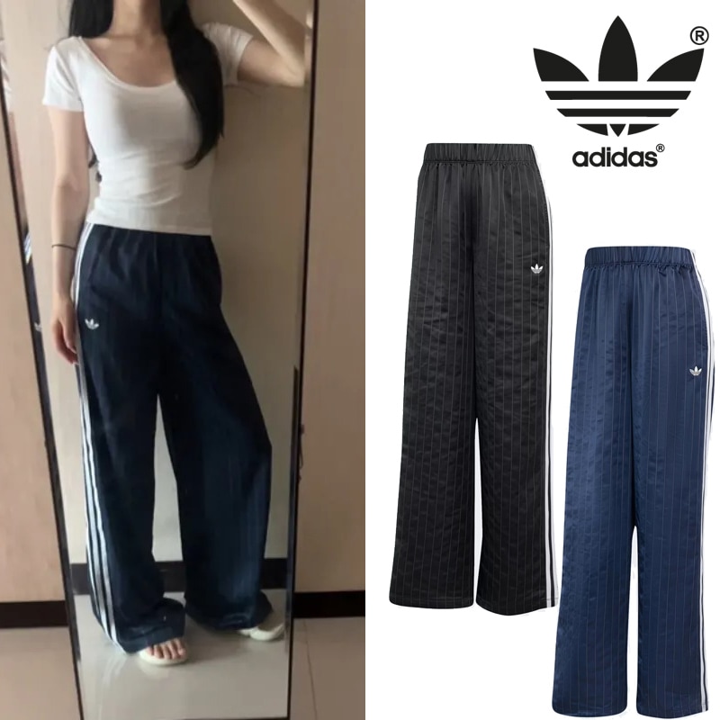 KD2295 KD2296 PIN STRIPE SATIN PANTS サテン ワイド ルーズフィット 光沢感 伸縮ウエスト ドローコード サイドポケット トレフォイル刺繍 デイリー 快適 ブラック