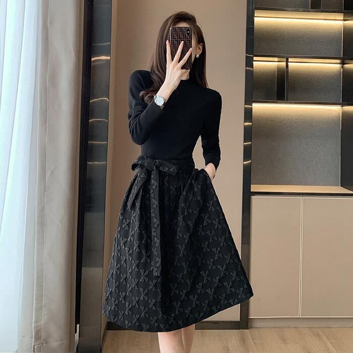 ワンピース ワンピ ドレス セパレート リボン レディース エレガント きれいめ カジュアル 大人 可愛い フェミニン 長袖 ひざ丈 ハイウエスト ハイネック ウエストリボン ブラック 黒 春 秋