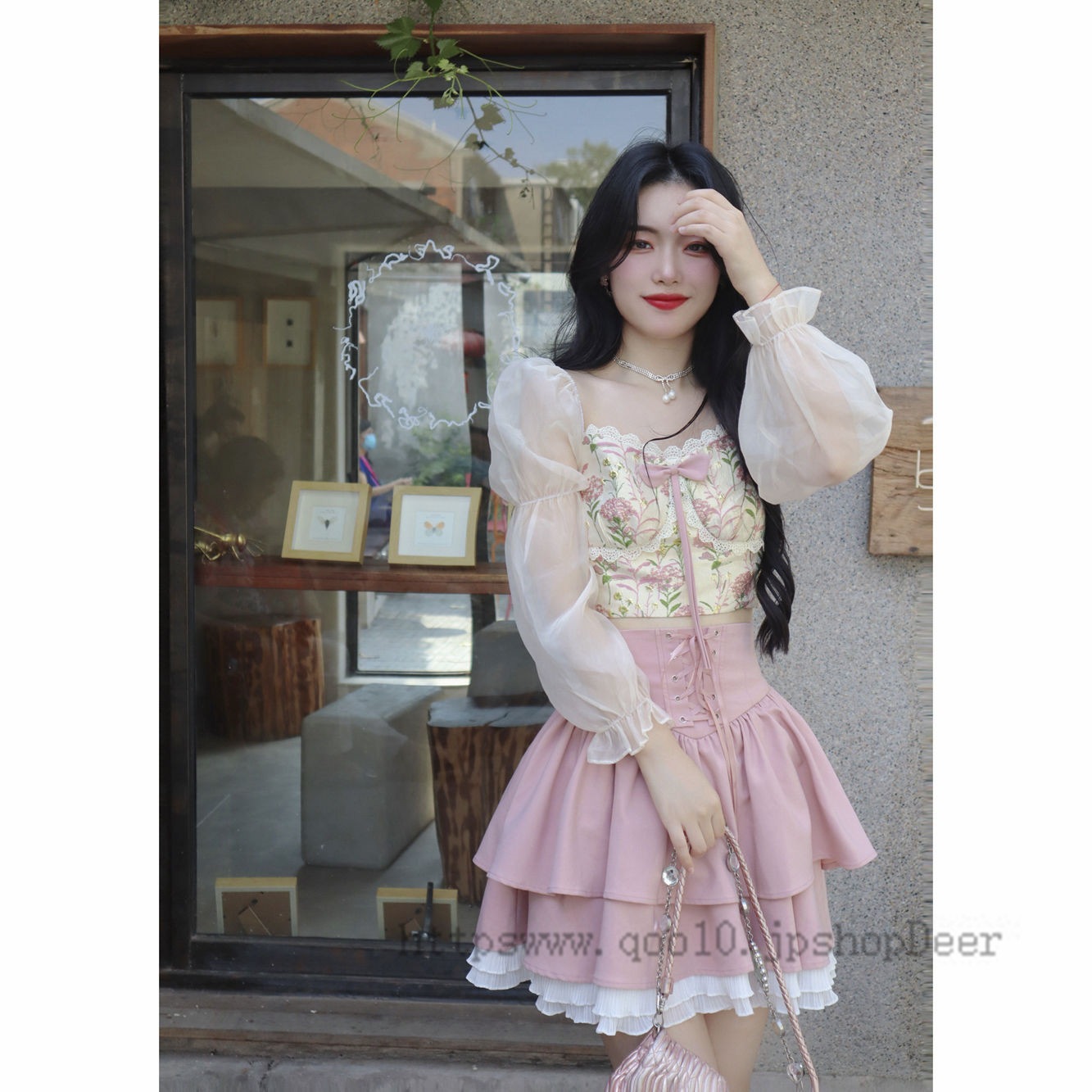 新作登场浮金襟長袖シフォンの短い上着ピンクハーネスカステラのスカートのスーツのドレス