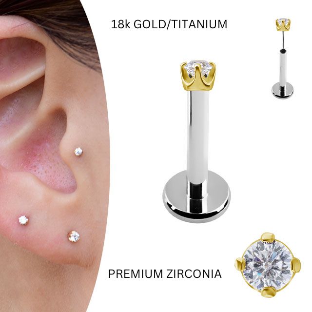 18金 ピアス 1.5mm 立爪 プッシュピアス 20g 18g 16g 14g クリスタル 18Kゴールド チタンピアス 金属アレルギー対応 ラブレットスタッド ボディピアス 軟骨ピアス
