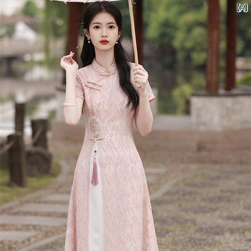 アオザイ チャイナドレス 夏 レディース ワンピース レース デイリー ウエスト 刺繍 ティー 低スリット ピンク ホワイト