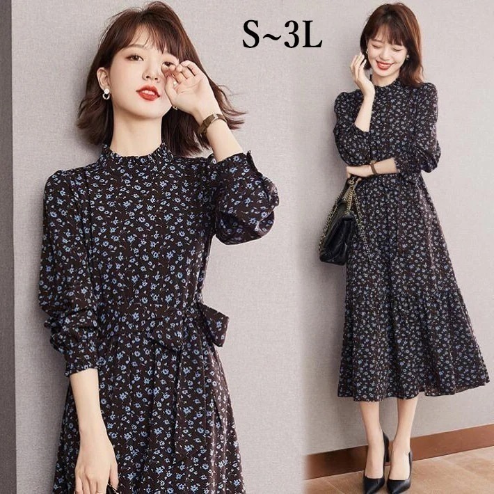 3 2L L M S 秋 春 オシャレ レディースワンピース 大きいサイズ 着やせ 長袖 体型カバー Aライン マキシ丈 ロング フラワー フリルネック フラワーワンピース ギャザーワンピース