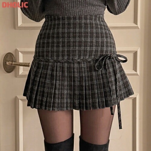 [メガ割りSALE]リボンハーフプリーツチェックミニスカート