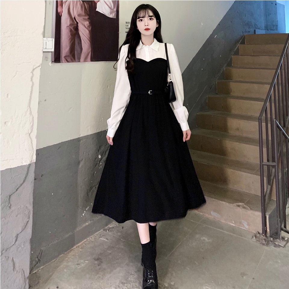 ワンピース 白シャツ ビスチェ ハートカップ ロング丈 袖あり 長袖 襟付き Aライン 個性的 2XL 3XL 4XL 大きいサイズ 無地 春 秋 デート お出かけ レディース 10代 20代