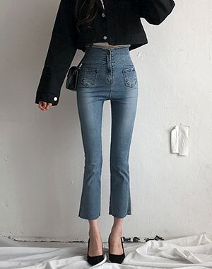 韓国の女性ファッション / ハイウエストブーツカットデニムパンツ pt1033