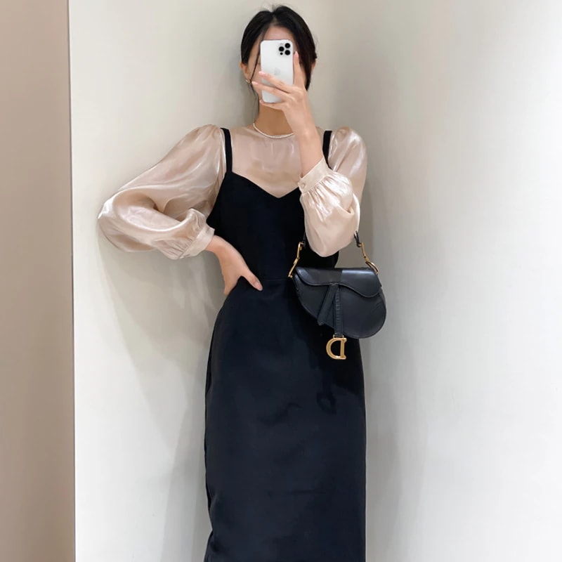 人気新作　レディースドレス　ブラウス+キャミワンピ　おしゃれ　可愛いワンピース