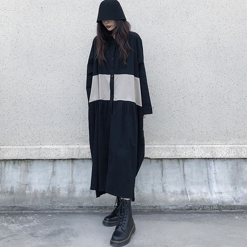 レディース気質ルーズシャツスカートファッショントレンド日本の個性ステッチ大スイング長袖ドレスオールマッチファッションカジュアルレディースワンピースドレスファッショントレンド