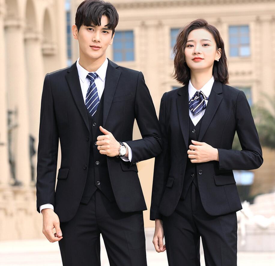 【新品】長袖スーツ+ベスト+ミニ丈スカート/パンツ OL 通勤 3点セット メンズジャケット+ベスト+パンツ 黒/紺/男女兼用 S-5XL パンツスーツ レディース スーツ ビジネススーツ ブラックス