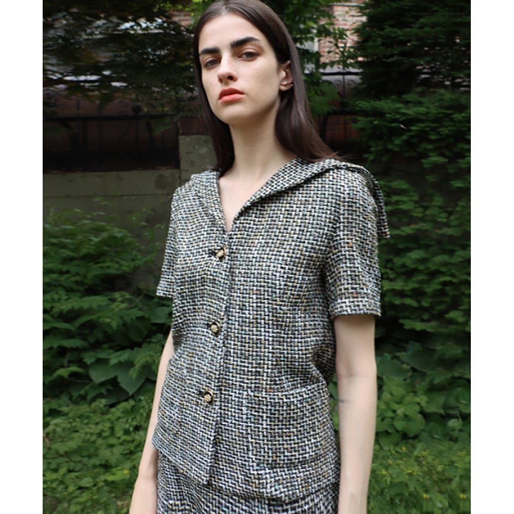 DAMAGE MNEMONIC セーラーツイードブラックジャケット_Sailor collar Tweed Black JK