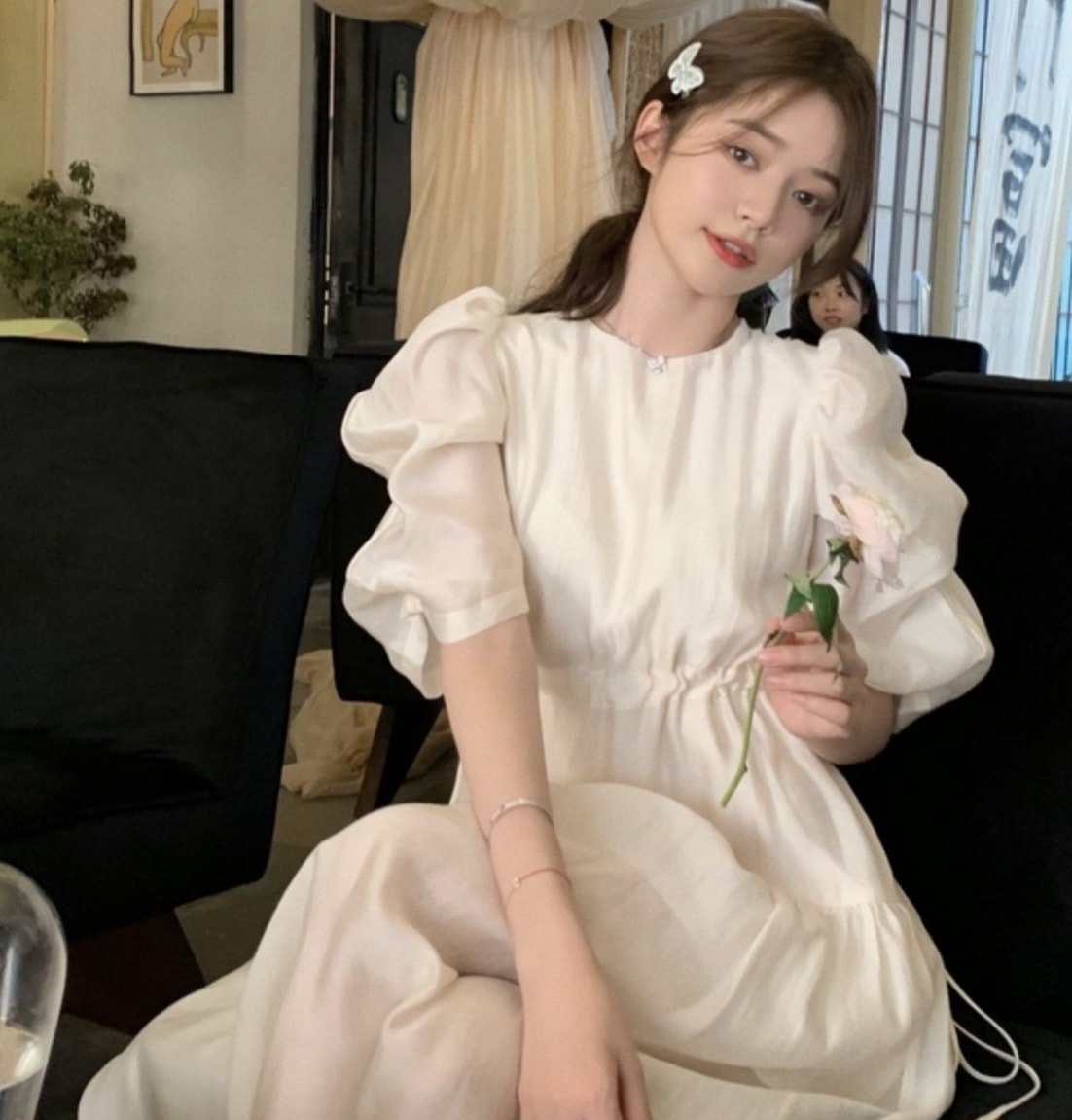 スカート ワンピース ロングスカート フレアスカート フレアワンピース ロング ロング丈 袖あり 半袖 5分袖 五分袖 ボリューム袖 ラウンドネック フレア Aライン シフォン ウエストマーク