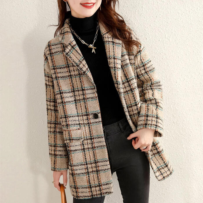 トラッド アウター コート ジャケット テーラード ツイード チェック チェスター レディース エレガント きれいめ カジュアル 長袖 大人 フェミニン かっこいい おしゃれ ゆったり 韓国 ベージュ