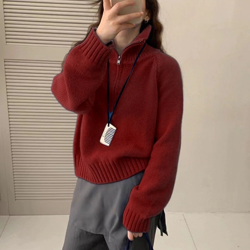 10個セット ハーフハイネックハーフジップレッドセーター女2026秋冬感ゆったりニット