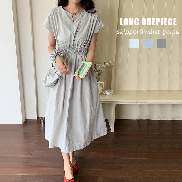 【期間限定P10倍】スキッパー ワンピース 夏 レディース 半袖 マキシ丈ワンピース ワンピ ドレス 春 秋 Aライン ウエストゴム フレンチスリーブ 半袖ワンピース ロング丈 綿 コットン ロングワ