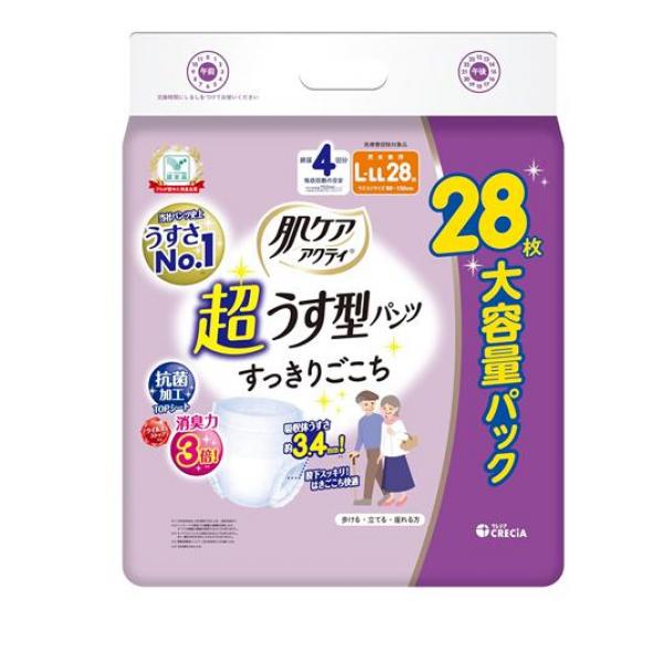 肌ケア アクティ 超うす型パンツ すっきりごこち 4回分吸収 L～LL 大容量パック 28枚入