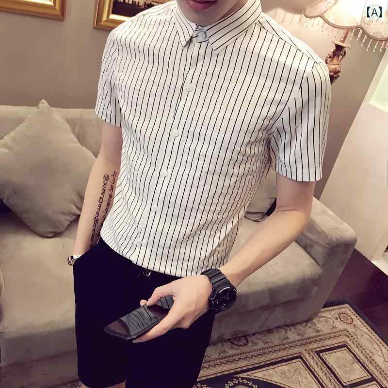 Yシャツ メンズ トップス シャツ おしゃれ ストライプシャツ 半袖 七分袖 夏 スリムフィット 休日 カジュアル オフィス スタイリッシュ アーバン 大人 紳士服