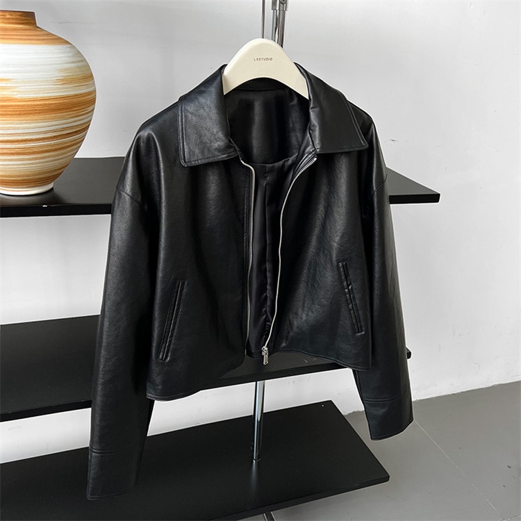韓国ファッション 2025モデル ノッチドカラー バイカージャケット PU革 ショート丈
