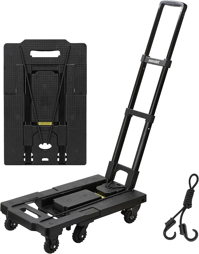 折りたたみ式台車 ストッパー付き静音車輪 耐荷重150kg 軽量コンパクト 固定用ゴムロープ付属 平台車 車載 防災用(カーボンブラック)