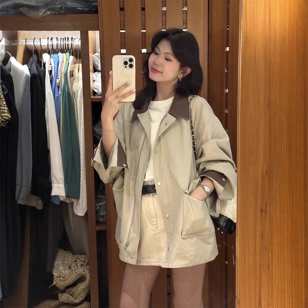 リモン早春に新しい韓国のレイジーベインスタイルデザインコントラストカラー大型ポケットレトロジャケットワーキング