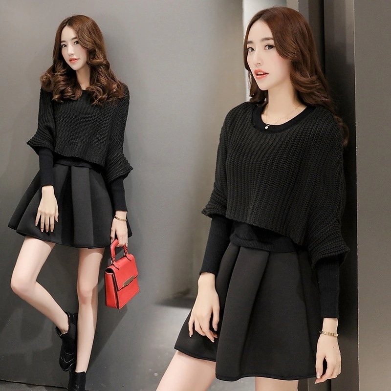 ショート丈ニット ワンピース セットアップ ニットソー セーター フレアワンピース ワンピドレス ミニ ミニ丈 袖あり 長袖 ラウンドネック フレア Aライン ハイウエスト 2点セット ツーピース