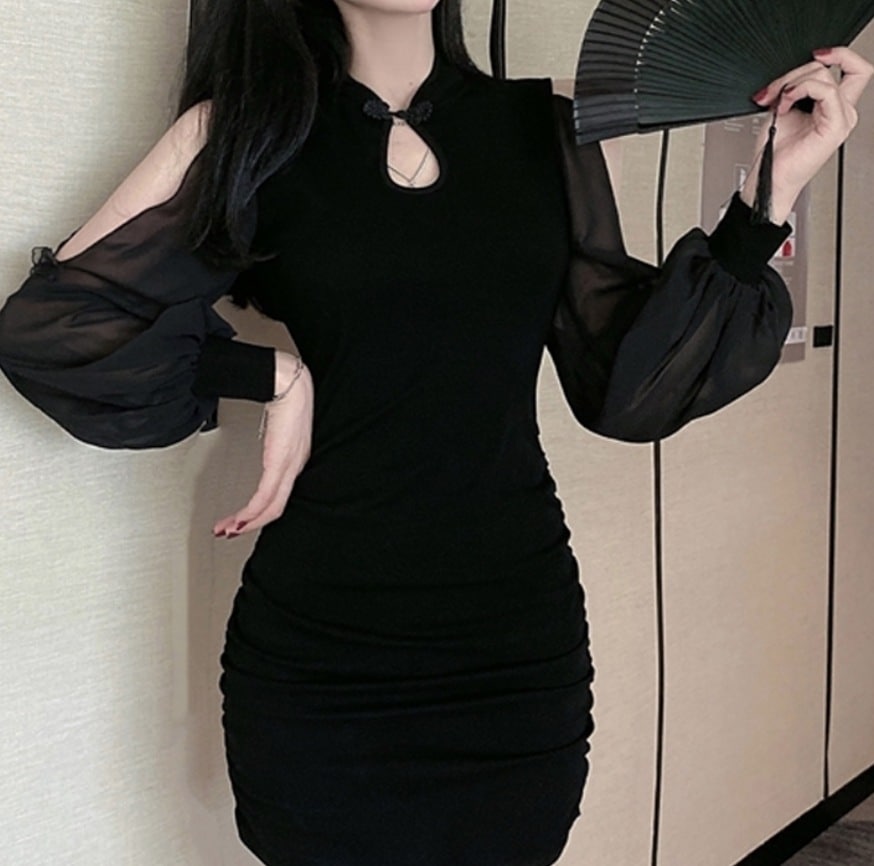 ワンピース ドレス レディース チャイナ風 長袖 ドロストデザイン タイト スリム 大人可愛い きれいめ 大人 上品 おしゃれ 無地 春 夏 学生 デート お出かけ イベント パーティ ブラック