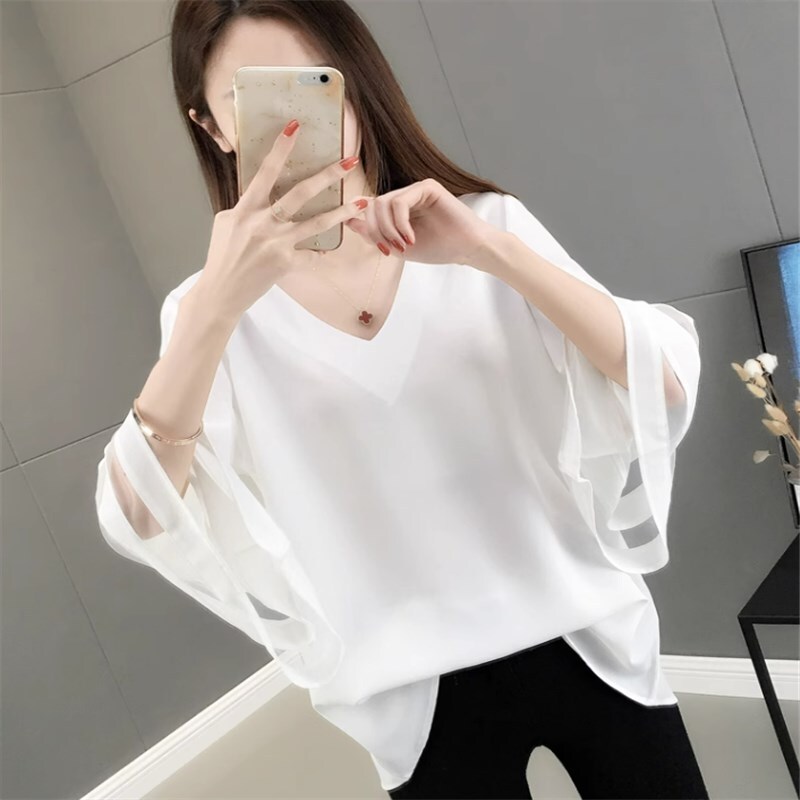 トップス シャツ ブラウス 袖あり 7分袖 七分袖 トランペットスリーブ Vネック シフォン かわいい 大人可愛い きれいめ シンプル カジュアル 大人 上品 おしゃれ お洒落 かっこいい 大人女子