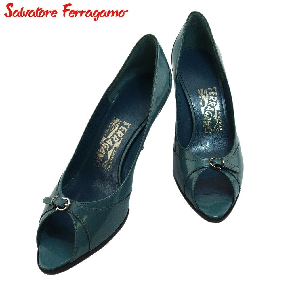 パンプス シューズ 靴 ガンチーニベルト レディース 5C オープントゥ ブルー ブラック 中古