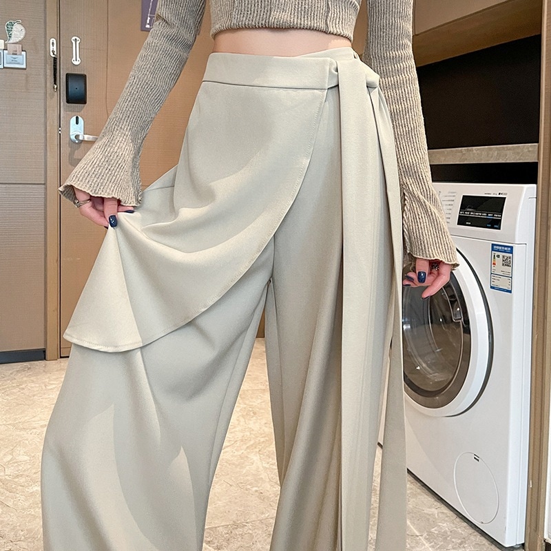 【1点ご購入 で10点プレゼントいたします】ベージュのバインダーパンツワイドパンツ春と秋のハイウエスト偽2枚のおしりカーテンカジュアルパンツモップパンツ