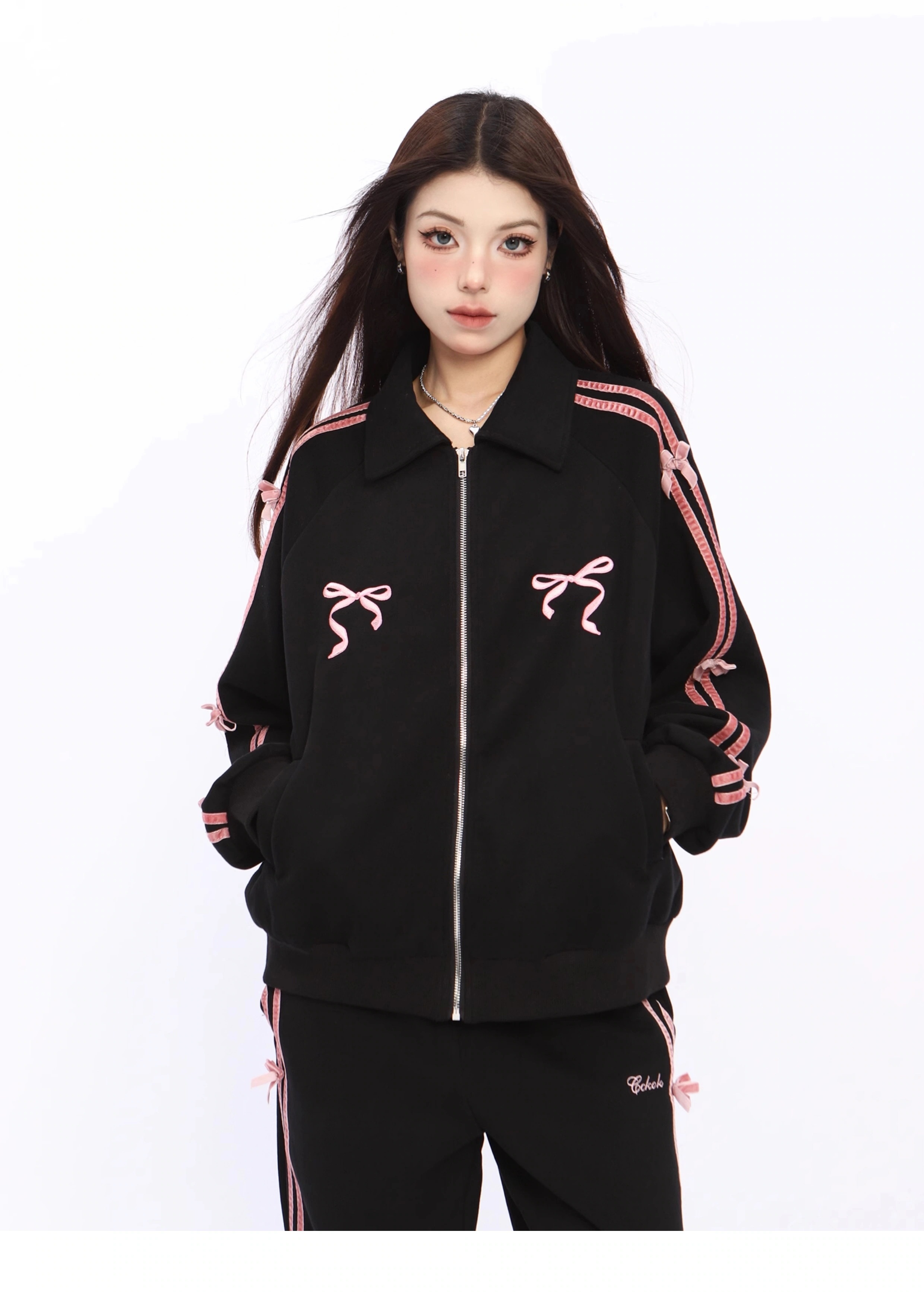 2025 春夏 2点セット トップス お出かけ 羽織り 韓国 レディース フルラウンドヘム ルーズパーカーサイド ボトムススウエットストレート系ゆったりサイズワイドシルエット上下リラックストラック