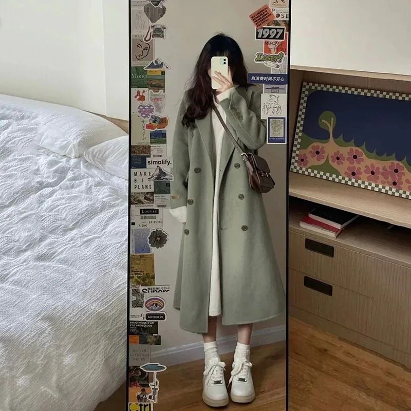 トレンチコート25服 トレンチコート 韓国ファッション ラシャ ウォーム コート セミロング 無地 トップスアウター