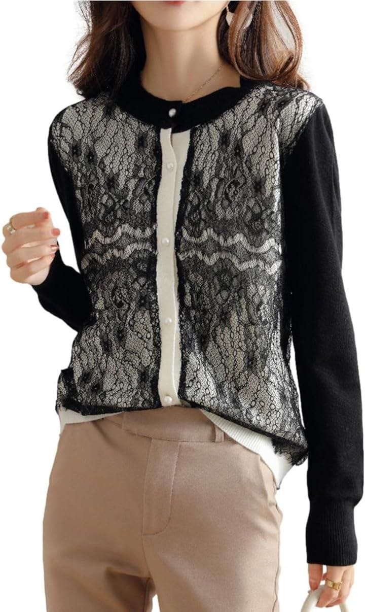 カーディガン レディース ニット フロントレース パールボタン 長袖 ラウンドネック パイピング シック ポリエステル BB022-BK-M( ブラック, M)