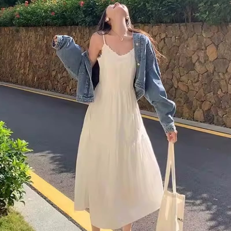 限定数量すっきり美人見え 韓国ファッション 純綿 ホワイト ストラップ ハイウエスト ケーキドレス 大フレア裾