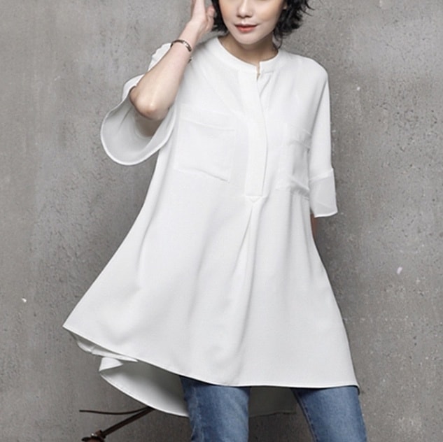 レディース トップス シャツ ブラウス ロング 半袖 フリル袖 Uネック ラウンドネック セミフレア Aライン フェミニン シフォン ポケット 透け感 シースルー 薄手 かわいい 大人可愛い きれいめ