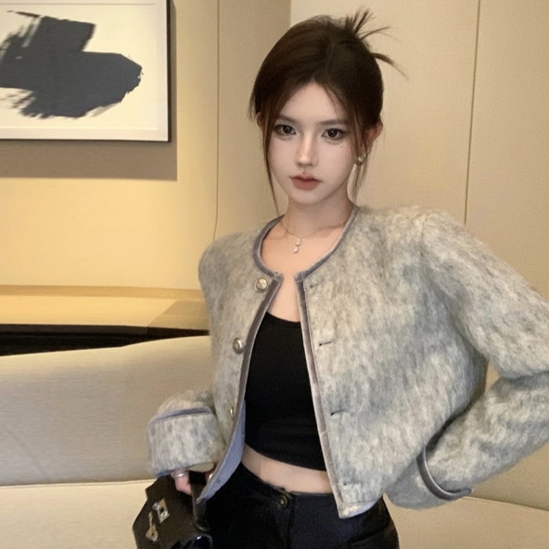 女性のためのフレンチスタイルレディライクウールショートコート春の新しいスタイルの小さな厚みのあるショートトップ
