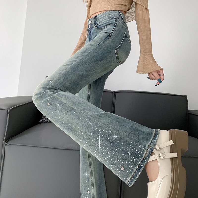 女性用アメリカンハイウエストマイクロフレアジーンズ2024春秋痩身と背の高い小さな人々ホットダイヤモンド馬蹄パンツ