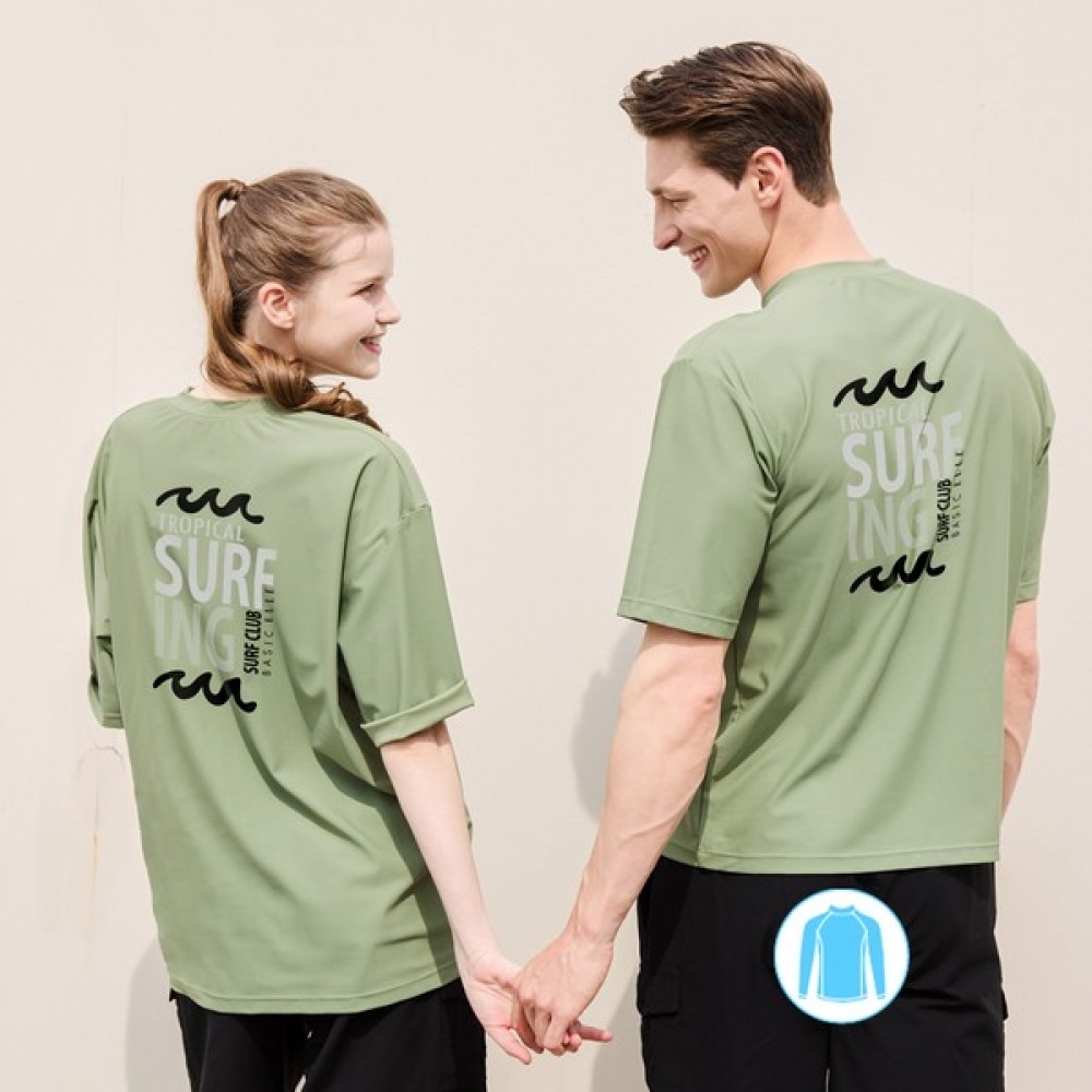 (ベーシックエル) ベーシックエルユニセックスルーズフィット半袖ラッシュガードカーキ BEM-X916E