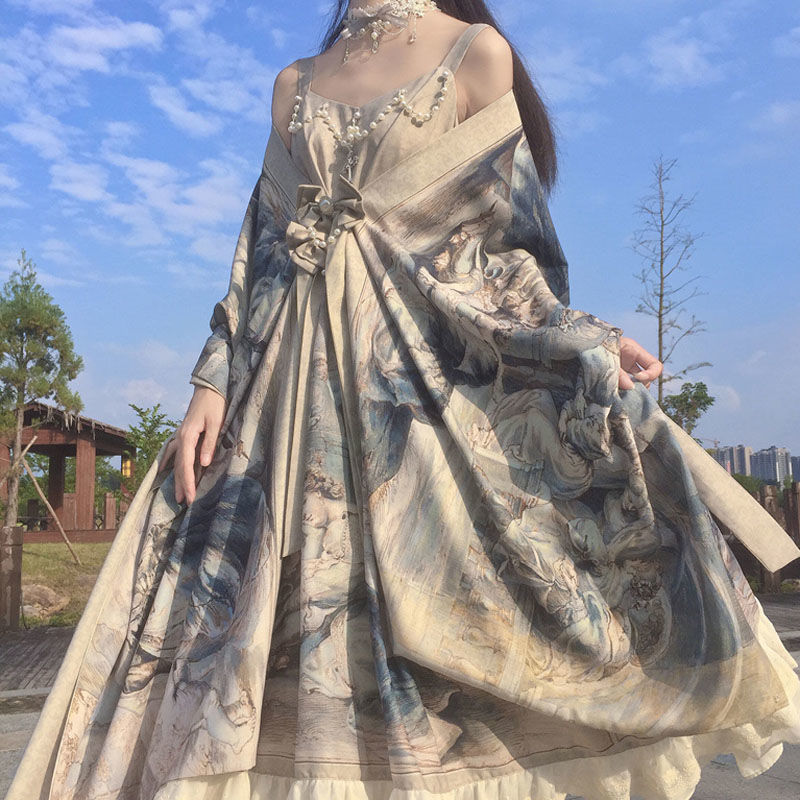 ワンピース+ストール宮廷油絵柄華やかまぼろしロリータのスカート