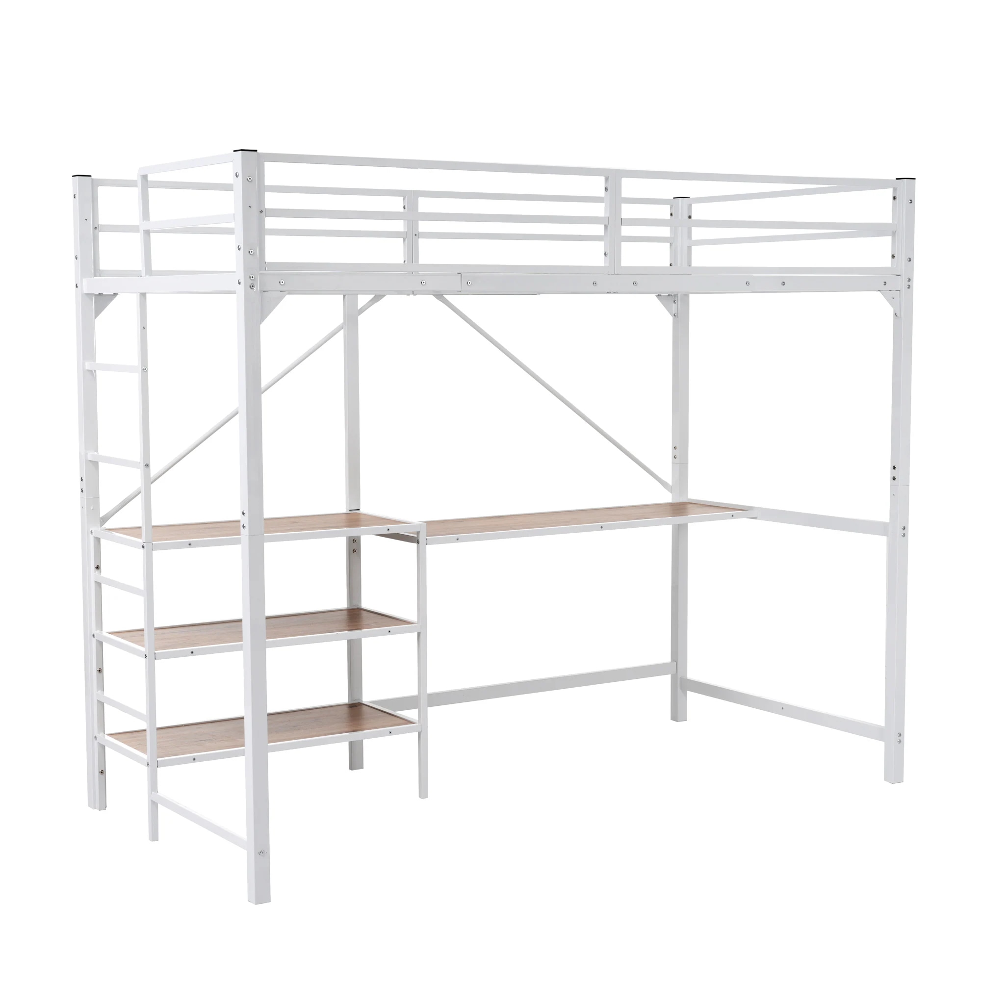 【急速出荷!】新作 ホワイト　　ロフトベッド パイプベッド デスク付き ラック棚付き シングルベッド ロータイプ ロータイプ 木 収納 風 おしゃれ 子供部屋 スチール