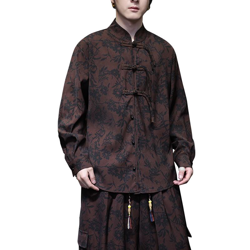 チャイナ シャツ メンズ 中華風 春秋 カジュアル エスニック トップス 長袖 スタンドカラー ジャケット セットアップ ブラウン