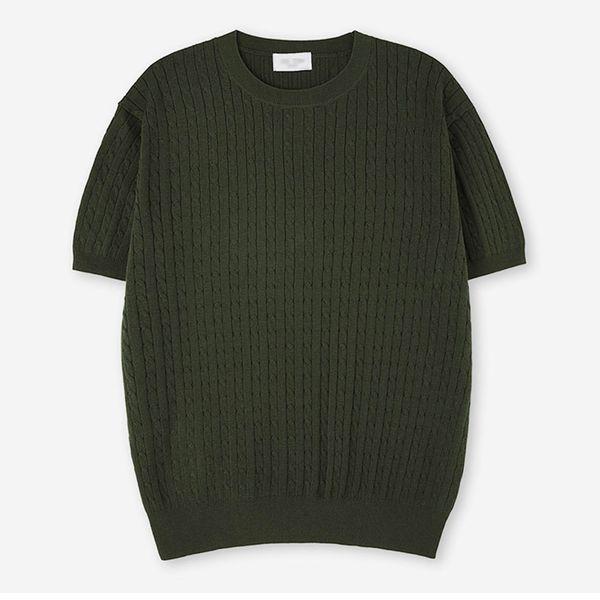メンズケーブルリネンラウンド半袖ニットTシャツ AT KNH Q012 カーキ_P422651153